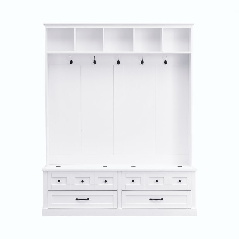 3-In-1 Hall Tree 59" Wide With 5 Hooks And Bench And Drawers, Muti-Functional Entryway Coat Rack, Modern Tall Storage Bench With Handles