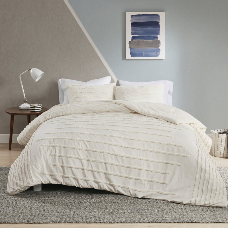 Mercer Standard Cotton Modern & Contempotary 3 Piece Duvet Cover Set, Full/Queen Duvet Cover + 2 Standard Shams, Ivory