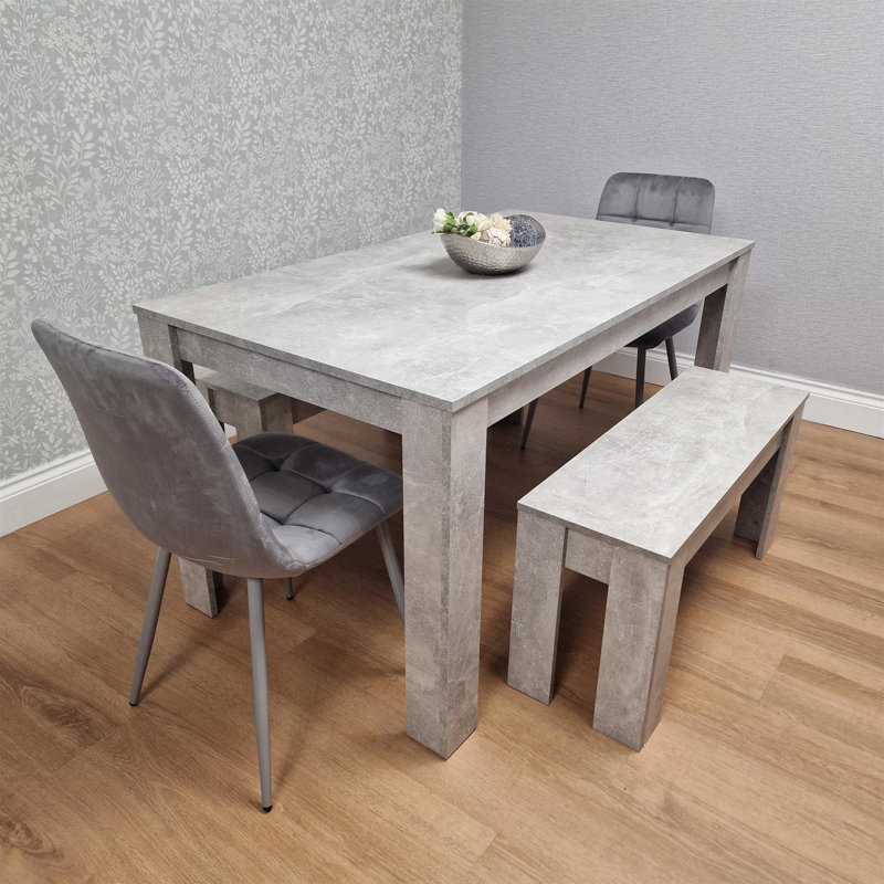 Dining Table Set with 2 Velvet Chairs and 2 Benches, Stone Effect Wood Table, Modern Dining Room Furniture, Grey