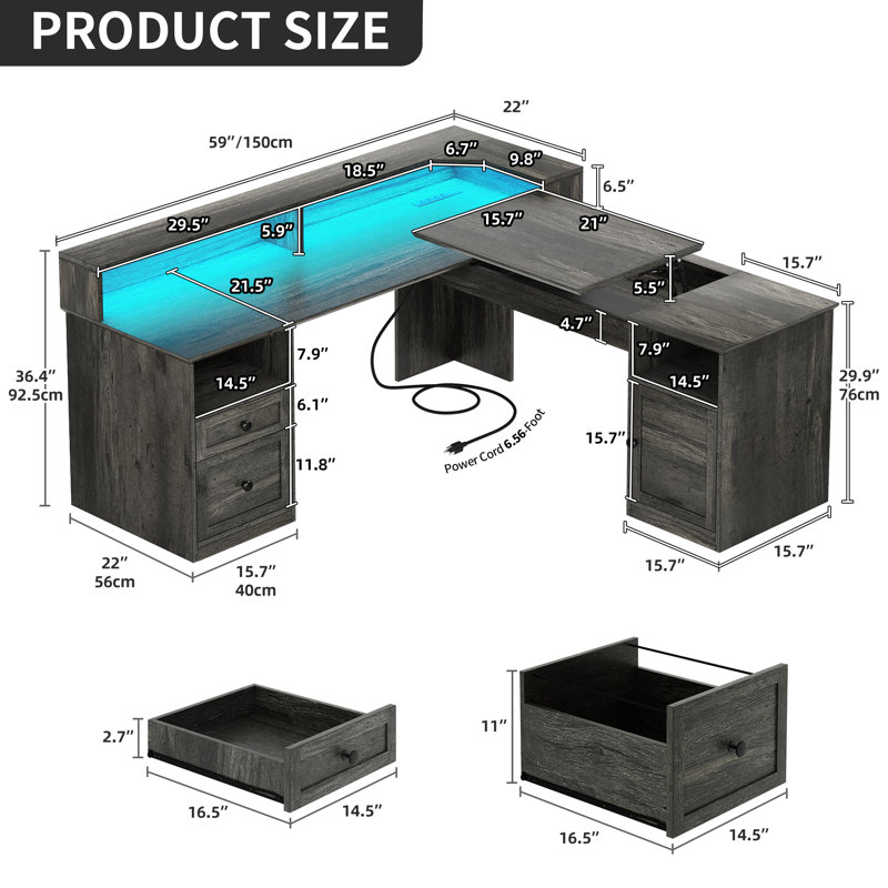 Bureau à hauteur ajustable en L 59 po avec lumières DEL et prises de courant Wade Logan, Noir