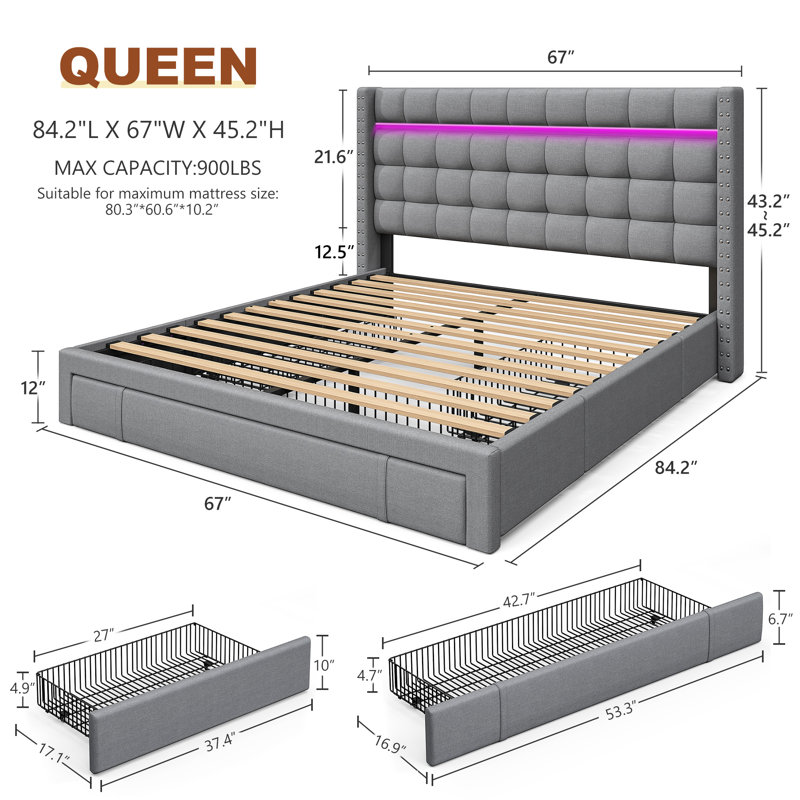 Upholstered Bed Frame With 3 Drawers And Led Light,Platform Bed Supports up to 900 lbs,Easy Assembly and Noise-Free, Gray