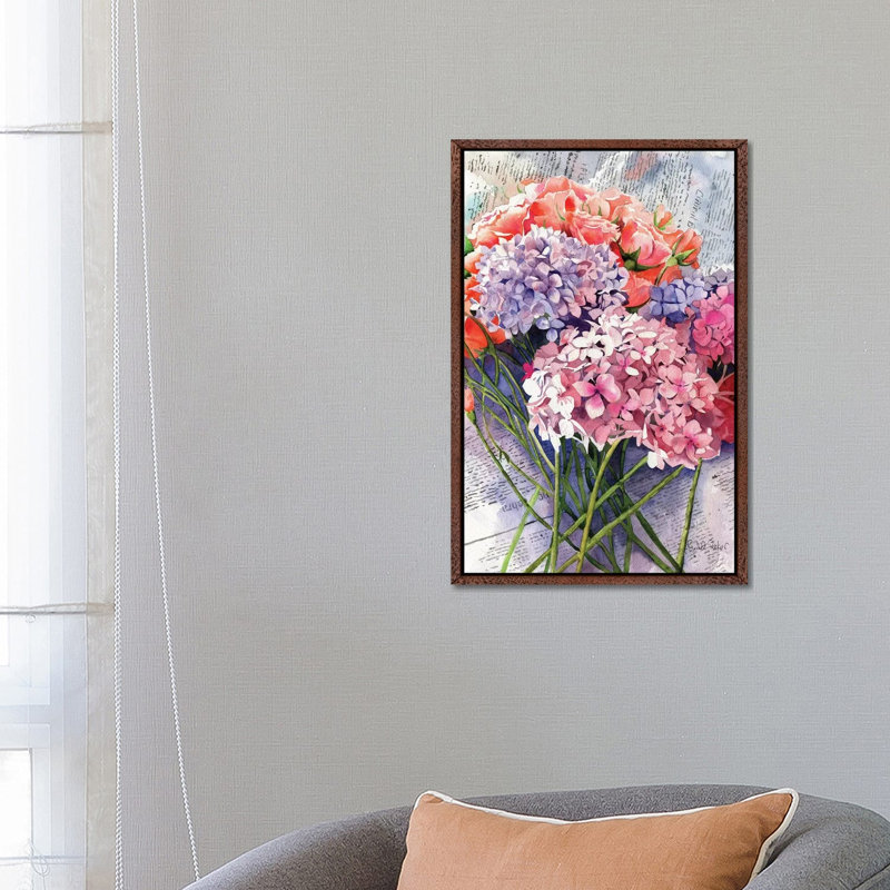 Sunday Hydrangeas by Rachel Parker - Painting on Canvas, 66.04cm H x 45.72cm W x 3.81cm D, Classic Brown Wood Framed