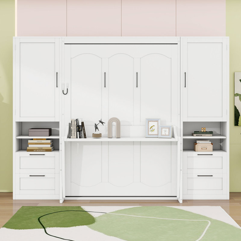 Lit escamotable double en bois avec 4 tiroirs et tablettes, Blanc