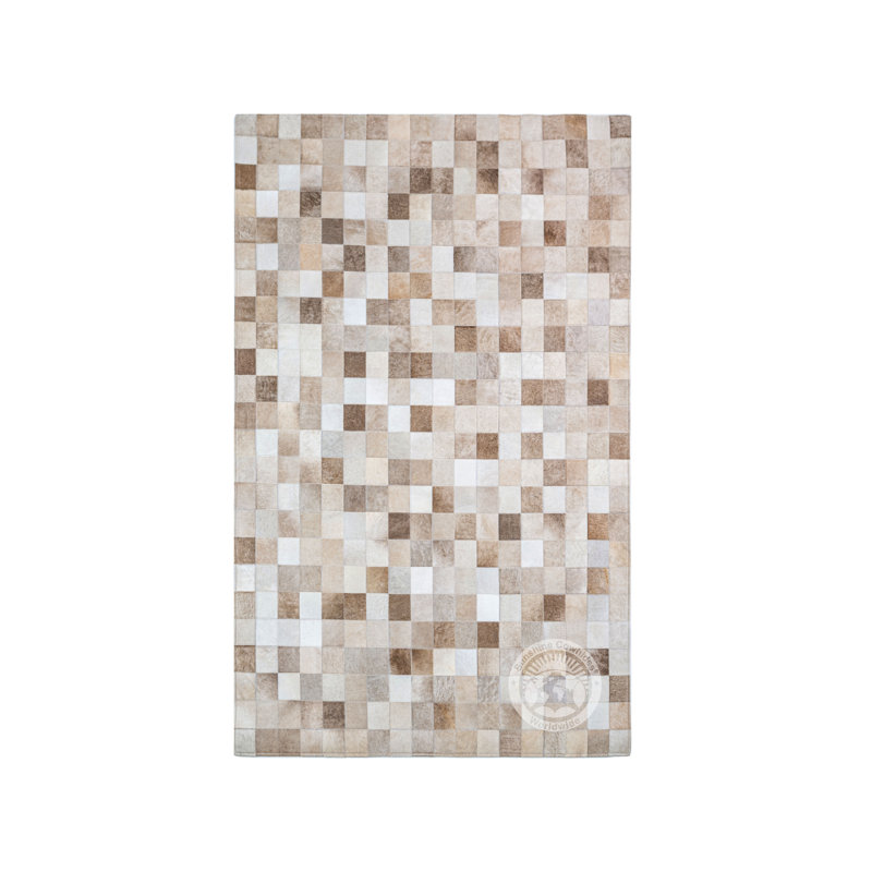 Tapis taupe / champagne en cuir de vache fabriqué à la main Bigley, Rectangulaire 9 pi x 11 pi