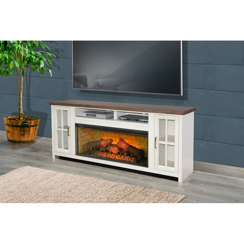 Unfinished TV Stand for TVs up to 85" with Fireplace Included, Brown/White