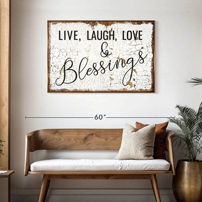 Live Laugh Love and Blessings, typographie, Cadre flottant doré, 43 po x 29 po