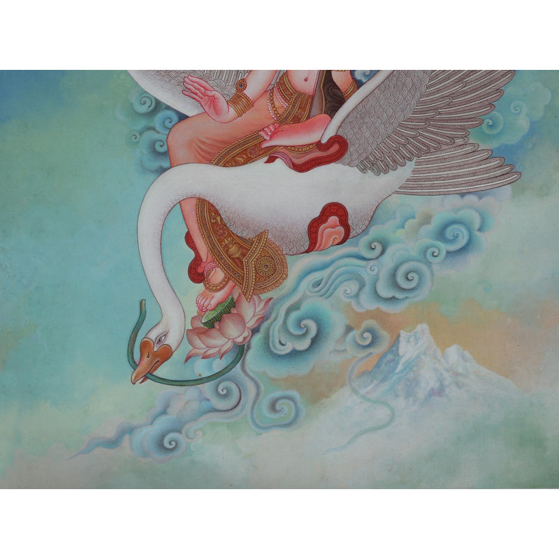 Déesse volante Newari Saraswati assise sur un cygne (Thangka sans brocart)