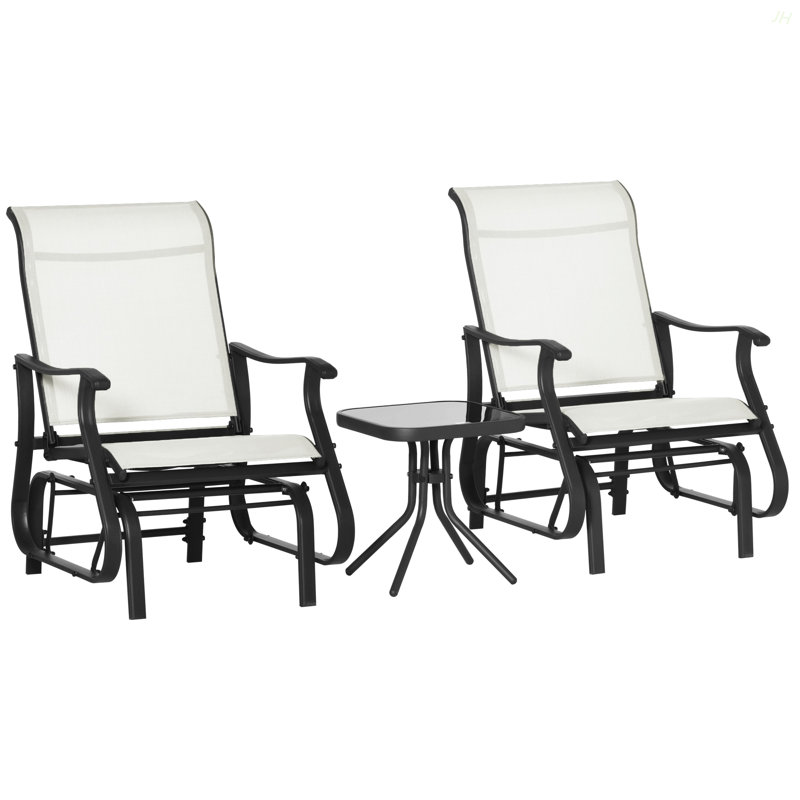 Outsunny 3-Piece Outdoor Gliders Set Bistro Set With Steel Frame, Tempered Glass Top Table For Patio, Garden, Backyard, Lawn, Cream White