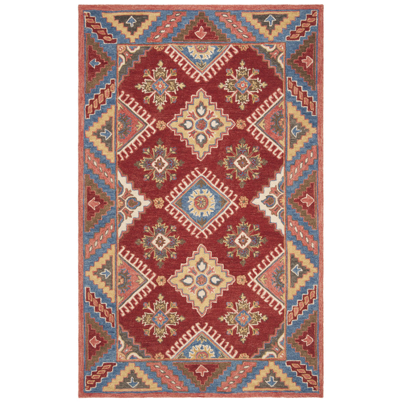 Tapis bleu / rouge en laine et coton touffeté à la main Vahakn, Rectangle 4pi x 6 pi