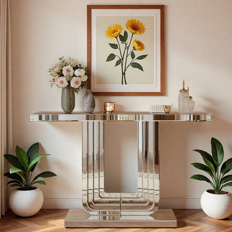 Console à miroir argentée avec base en U et lignes épissées à la main