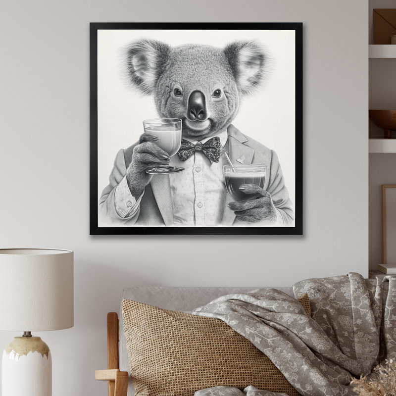 Koala ayant une boisson sur toile, Cadre photo noir, H 30 po x l 30 po x P 1 po