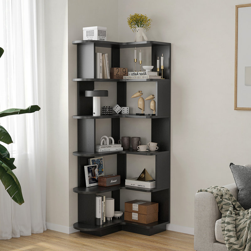 5-Tier Corner Bookshelf,L-Shaped Bookcase Freestanding Storage Shelf & Display Stand For Living Room, Office, Bedroom, Black