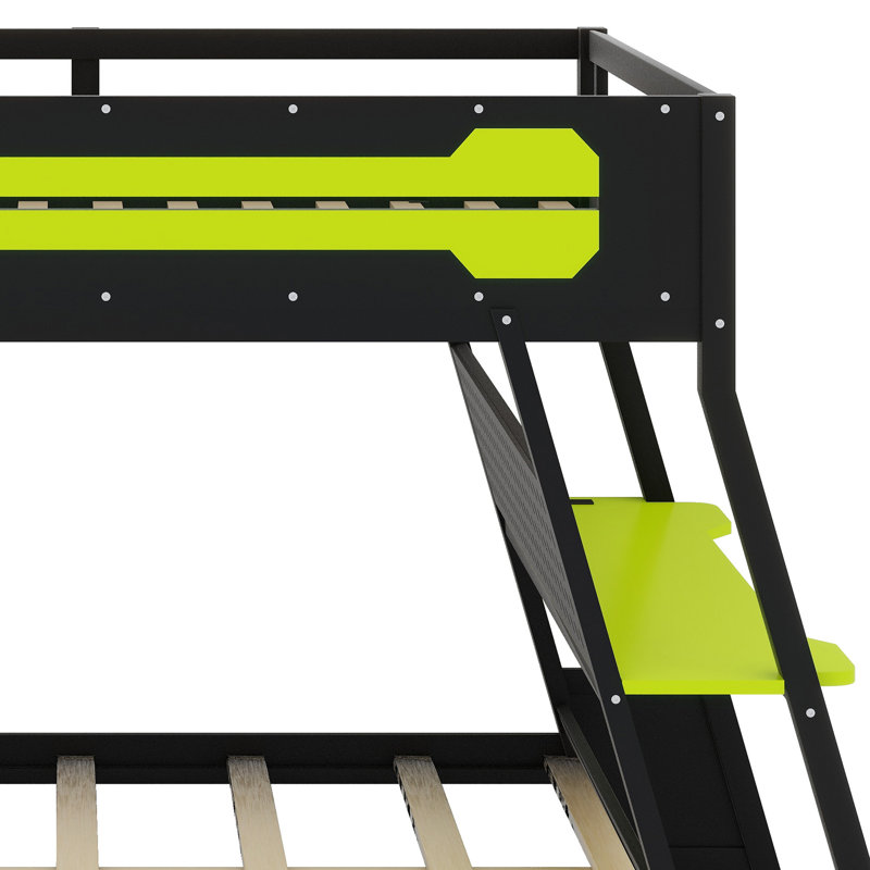 Lit superposé Gamer avec deux bureaux de jeu intégrés, ports de chargement USB et rangement perforé, Vert