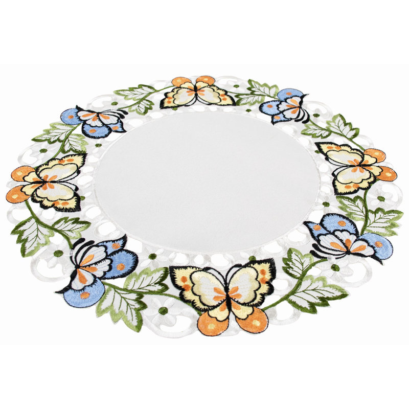 Ivory Round Doily with Colorful Embroidered Butterflies, 15 Inch