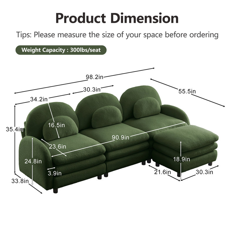 Canapé 3 places Teddy, H 35,41 po x l 98,21 po x P 33,81 po, Vert
