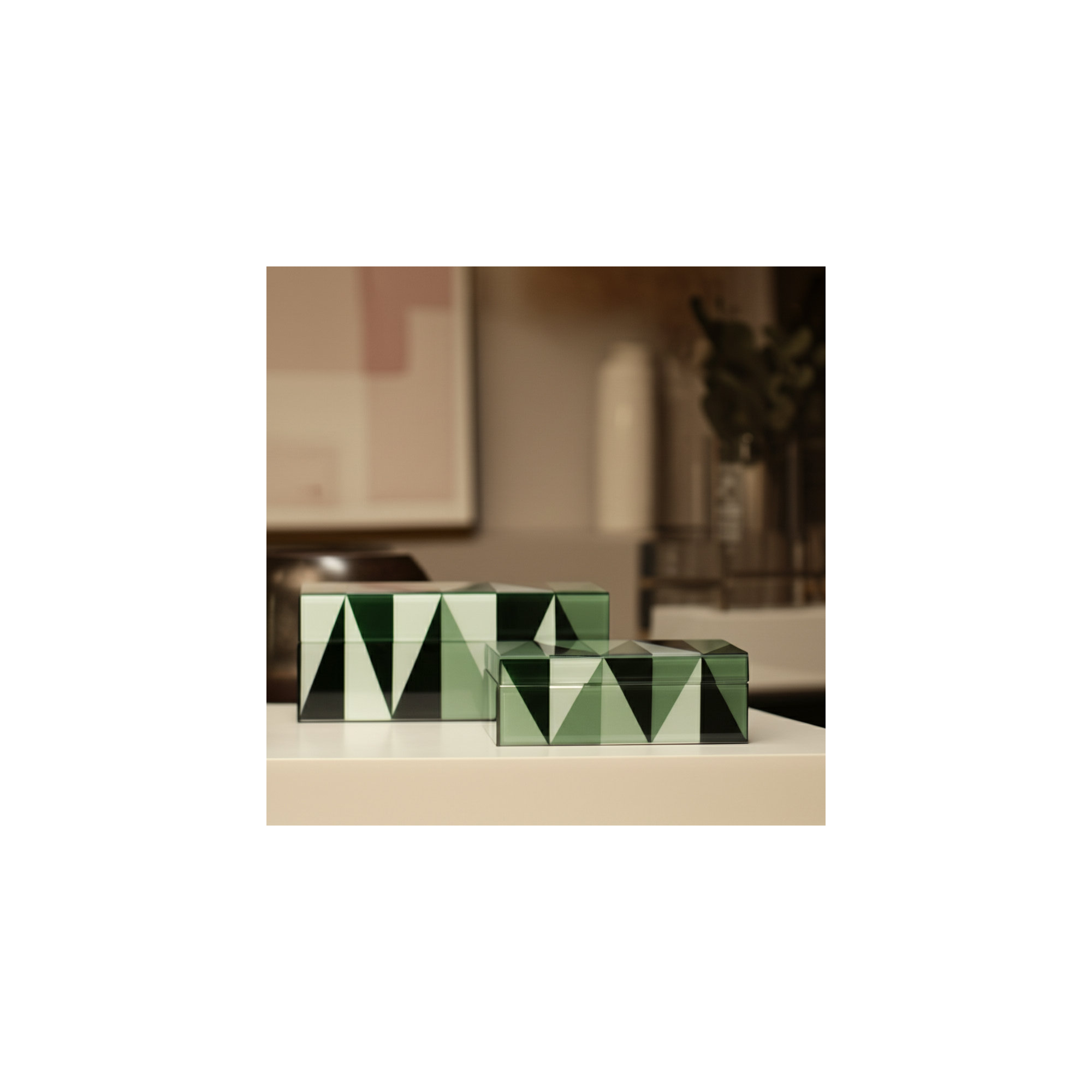 Zafir Glass & Wood Decorative Storage Boxes with Geometric Design, 11" & 8", Green for Home, Office, Bedroom, Living Room - Set of 2