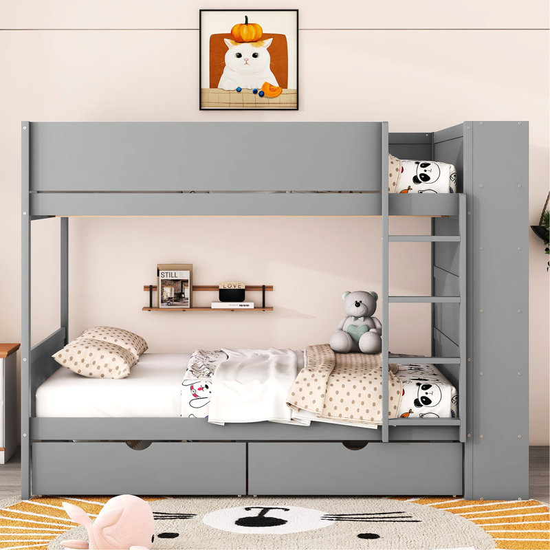 Lit superposé double en bois massif gris - 2 tiroirs et armoire multicouche pour une chambre de bébé confortable avec rangement intelligent
