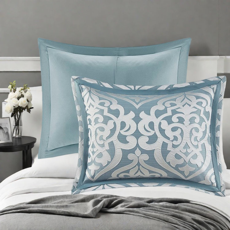 Ensemble de literie de luxe en jacquard 8 pièces, polyester argenté turquoise, damas élégant pour un confort toute l'année