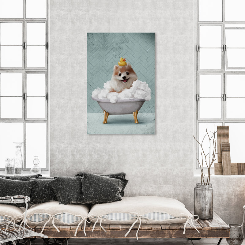 Bathtime Pupper - peinture sur toile à cadre flottant, Toile tendue, H 45 po x l 30 po