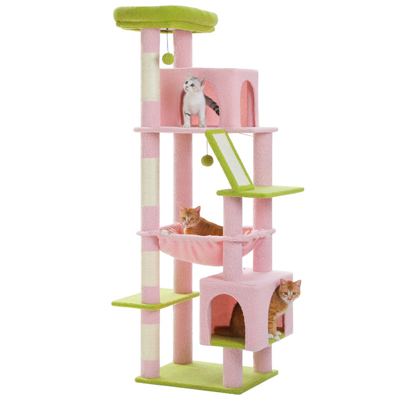 71" Pink and Green Multi-Level Cat Tree with Sisal Posts