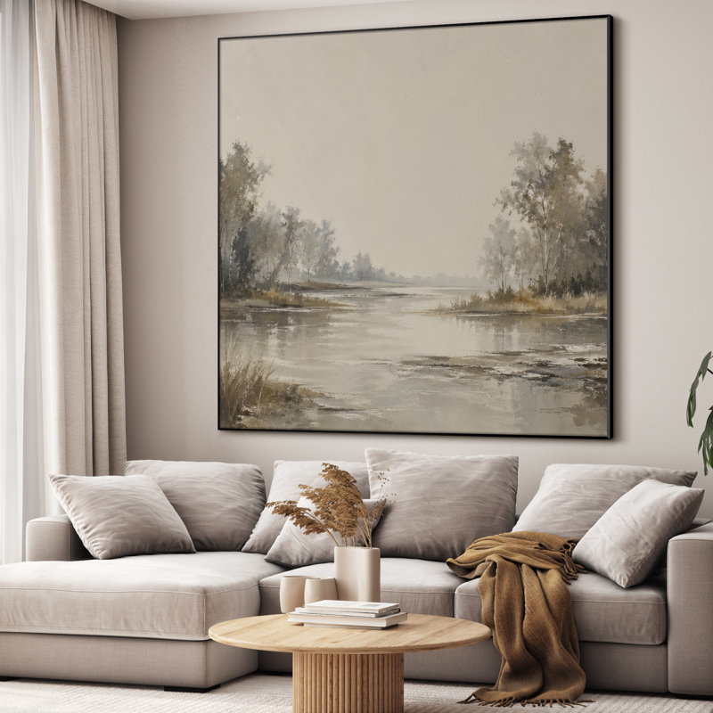Très grand art mural imprimé sur toile - Paysage de rivière vert serein, décoration de salon traditionnel - «Assemblage requis du cadre (cadre non fini)»