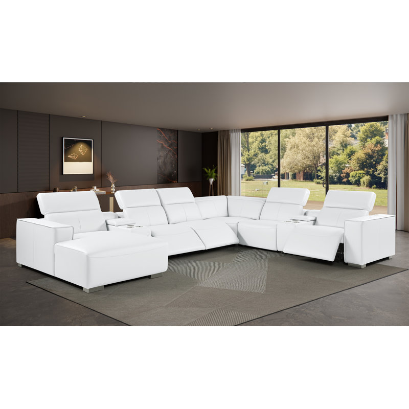 Canapé modulaire blanc en L en cuir véritable de 8 pièces faisant face à la gauche avec 3 fauteuils inclinables électriques et appuis-tête réglables