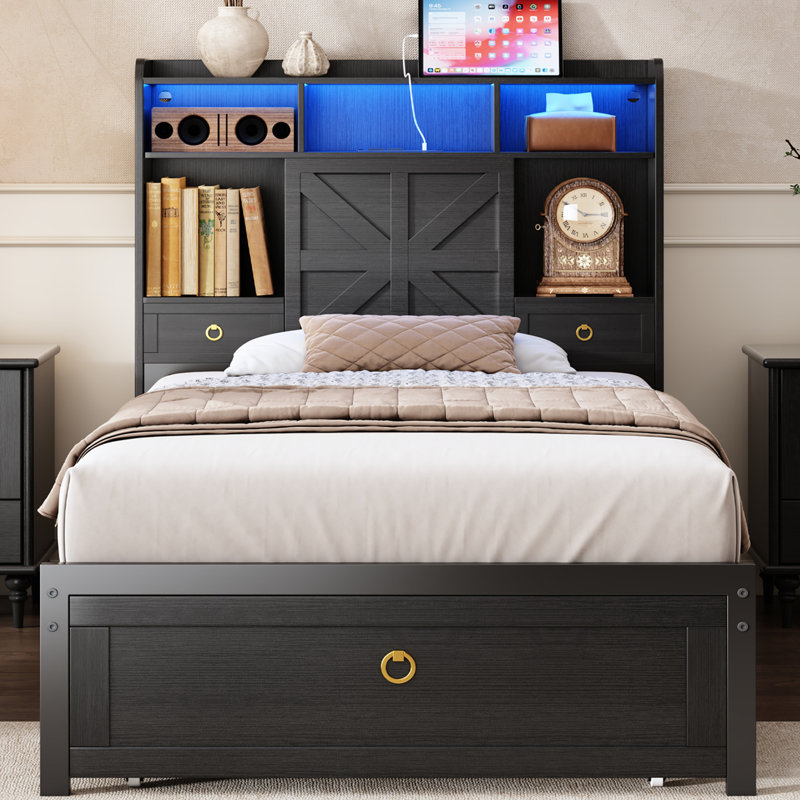 Twin Size Storage Bed with Extra Lager Footboard Drawers and Storage Headboard, USB&AC Charging Station, APP & Remote RGB Lights, Farmhouse Industrial Platform Bed, Noise-Free, No Box Spring Needed
