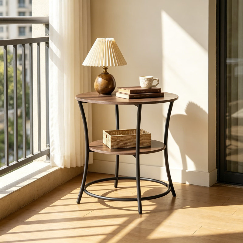 Table de bout ronde avec 2 tablettes de rangement, table d'appoint peu encombrante pour le salon, la chambre à coucher, la table de chevet avec structure en acier et pieds réglables, grège