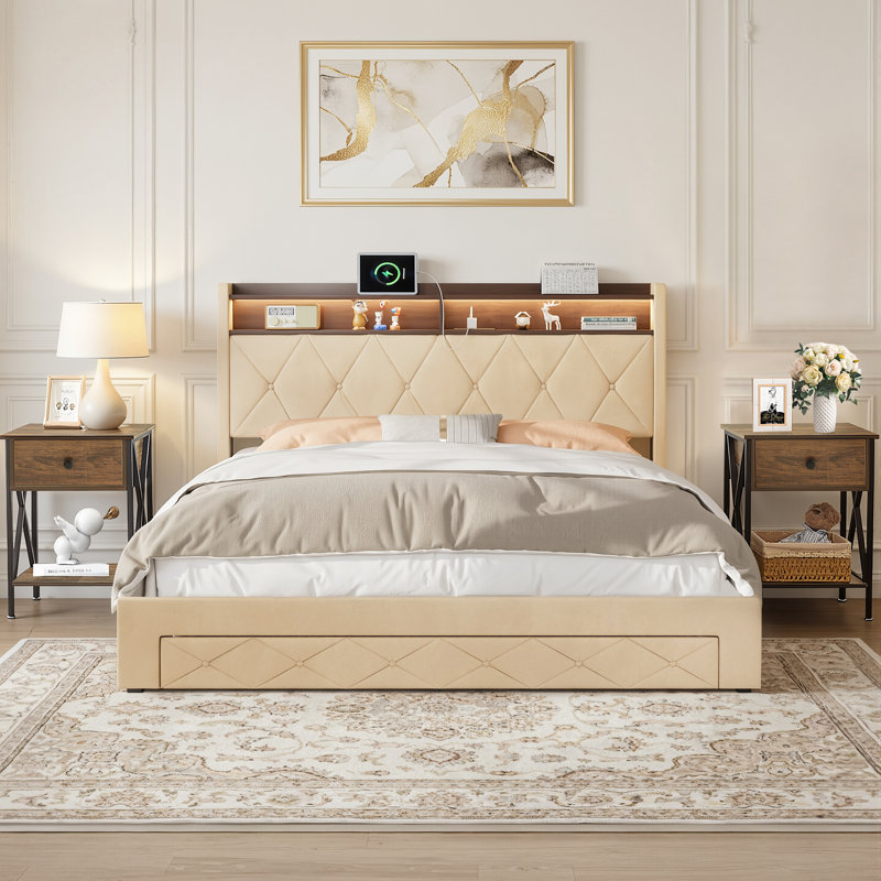 Ensemble de chambre à coucher 3 pièces avec lit de rangement rembourré et 2 tables de chevet, tête de lit bibliothèque avec lumières DEL, cadre de lit de station de charge, lit plateforme capitonné, ensemble de table de chevet industriel,