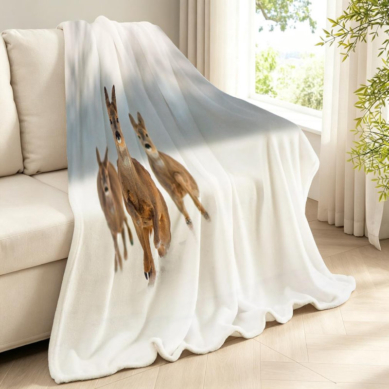 Jeté en molleton blanc ultra doux en flanelle, imprimé de trois cerfs, Throw 40" x 50"