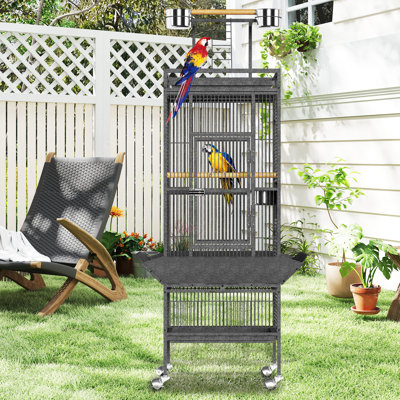 61" Cockatiel Cage, Flight Cage with Rolling Stand, Play Top & Bowls - Metal Large Bird Cages for Parakeets, Conures, Parrots - Exploding Silver