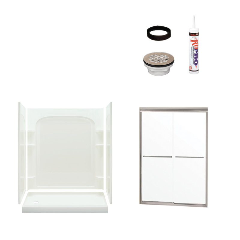 Ensemble 60" W x 73.75" H Framed Rectangle Sliding Shower Stall and Base Included, Left, Satin Nickel/White