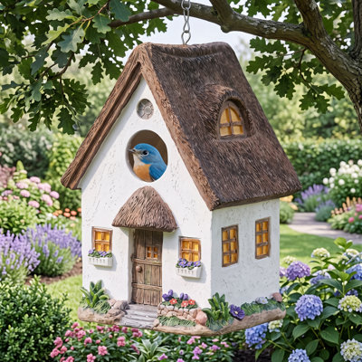 Rustic‑Style Resin Bird Shelter for Outdoor Use, Thatch‑Roof Hand‑Painted Cottage Bird Nest Box, Habitat for Bluebirds, Finches and Cardinals, Decor Ornament for Garden, Patio and Backyard