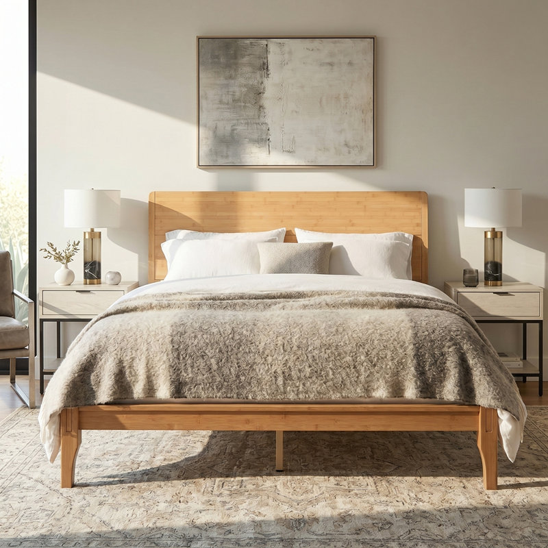 Mid-Century Modern 12 Inch Bamboo Wood Platform Bed with Wood Slat Support, No Box Spring Needed, Easy Assembly, Queen