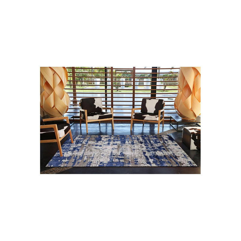 Tapis bleu tissé moderne lavable à la machine, Sous-tapis rectangulaire de 3 pi 3 po x 4 pi 11 po