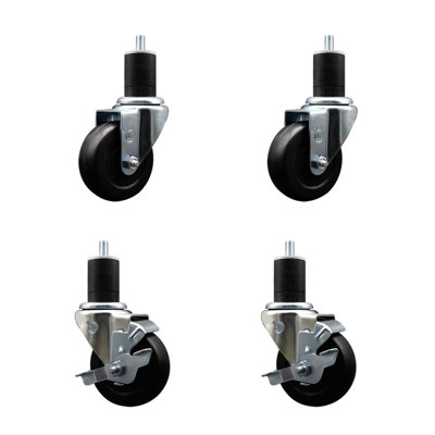 3.5 Inch SS Soft Rubber Wheel Swivel 1-3/4 Inch Expanding Stem Caster Set 2 Brakes SCC