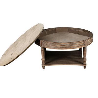 Round Coffee Table With Storage - , Linen Upholstery, Wooden Frame For Living Room Modern Seat And Legs Home