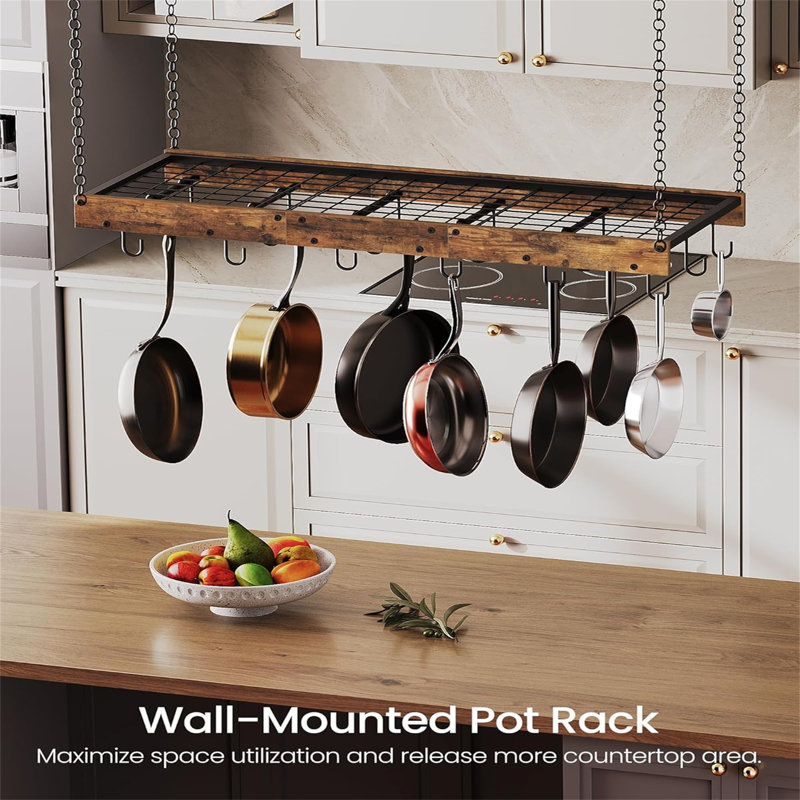 industrial style ceiling/wall mounted pot rack with hooks for kitchen storage, space saving, practical and beautiful.