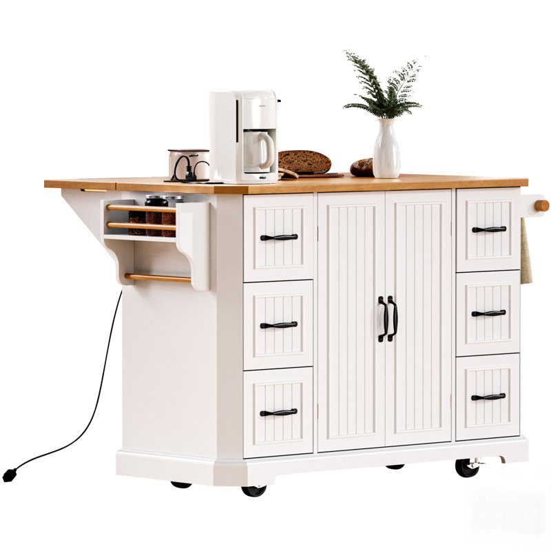 Kitchen Island With Drop Leaf, Power Outlet, Shelves, And Drawers On Wheels For Versatile Storage And Convenience, White