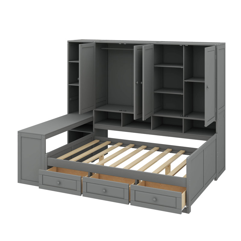 Lit de jour en bois avec trois tiroirs, rangement combiné, bureau et système d'étagères, gris, Double