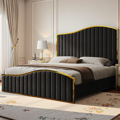 Callisburg Upholstered King Bed Frame with Harp Headboard & Footboard, Black