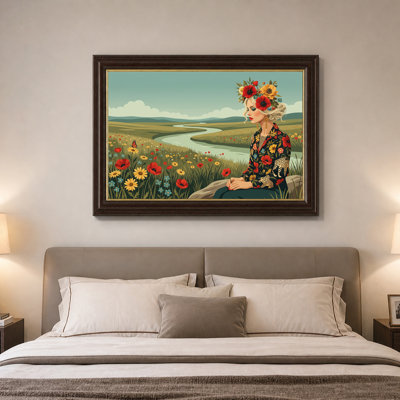 Woman with Flower Crown Sitting in Wildflower Field Canvas Wall Art