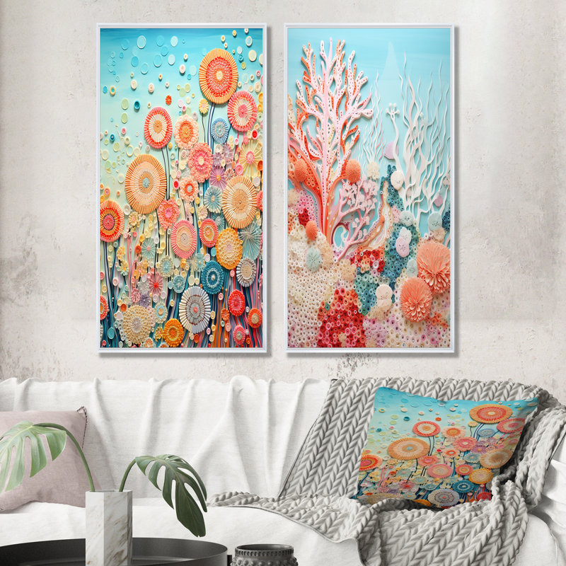 Coral Reef Barrier Impression - Coastal Coral Under Water, ensemble de 2 reproductions d'art sur toile, Cadre flottant blanc