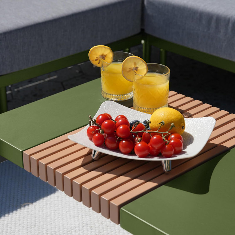 Table basse de patio en métal, table basse d'extérieur moderne en métal avec plateau à lattes aspect bois, vert, Vert