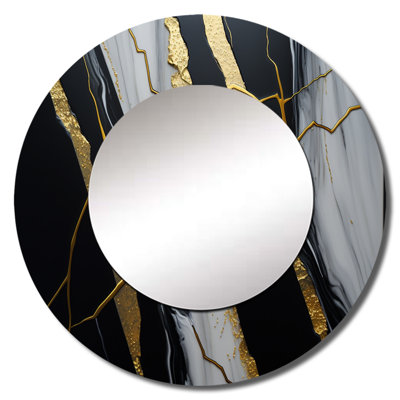 Shrivas Abstract Geode Black II - Marble Decorative Mirror, Modern Large Round Wall Mirror, Printed Metal Art