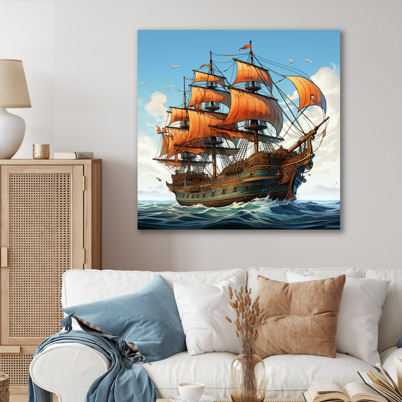 Dessin d'aventure, bateau pirate - Art mural, Toile tendue, H 16 po x l 16 po x P 1 po