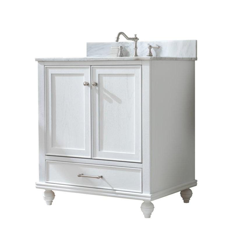 Ensemble de meuble-lavabo simple 30 po Angelissa, Grain blanc / nickel brossé, Pierre artificielle blanc de Carrare