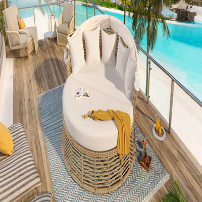 Lit de jour rond en rotin d'extérieur avec auvent rétractable, canapé de piscine rond en osier avec coussins amovibles