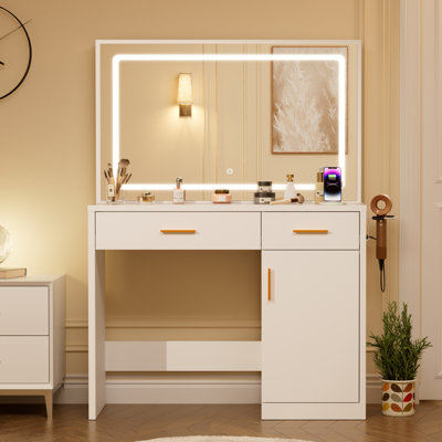 Makeup Vanity with LED Lighted Mirror & Power Outlet,Makeup Vanity Table with 2 Drawers,1 Cabinets