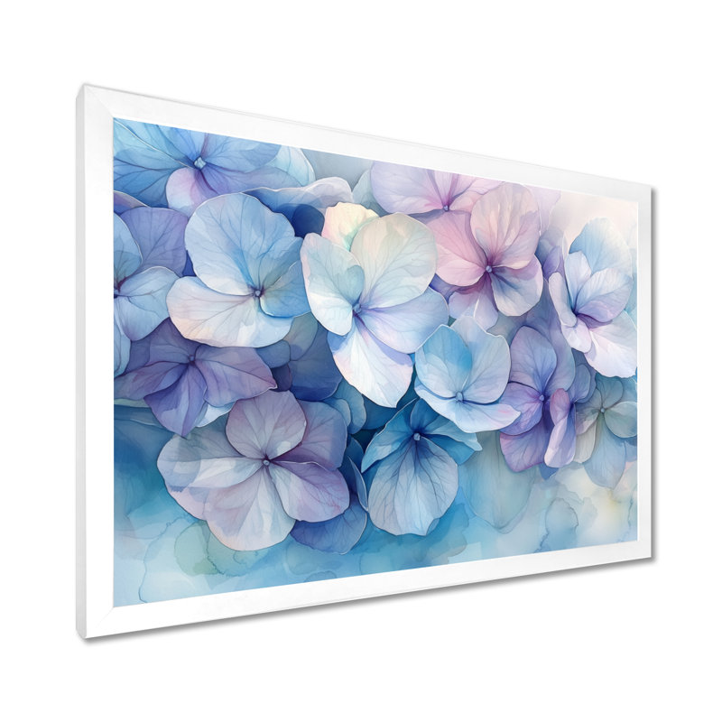 Indae hortensia à l'aquarelle, encre mauve II, H 12 po x l 20 po, Reproduction encadrée d'une seule photo, Blanc